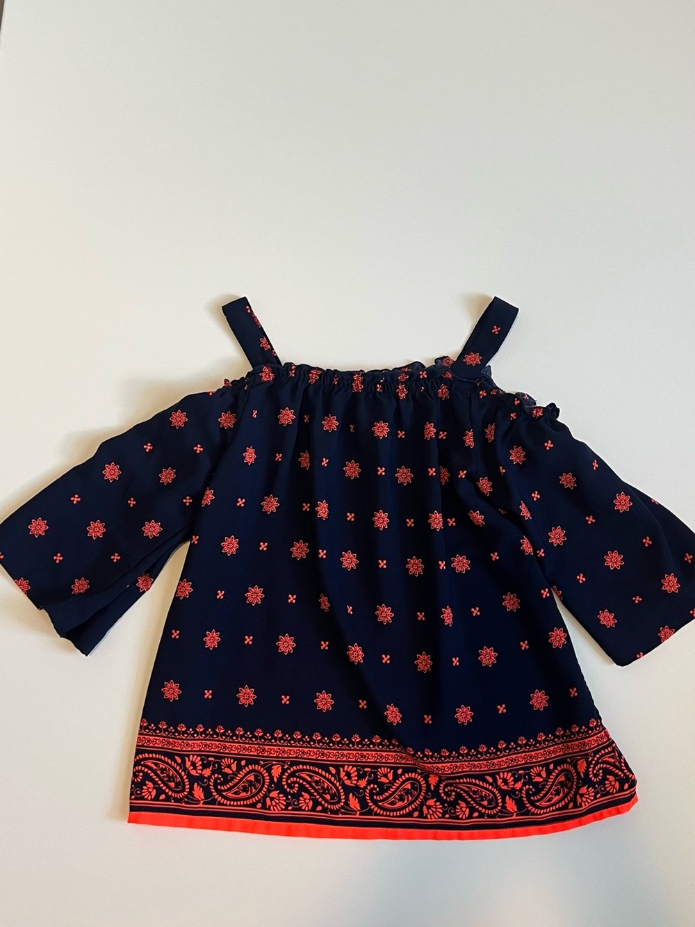 My Michelle Navy Cold-Shoulder Top with Red Paisley Border